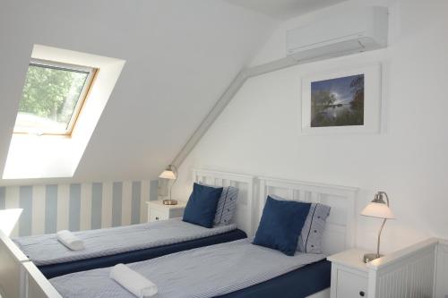 赫洛霍韦茨Lednicko-valtický apartmán的一间卧室配有两张带蓝色枕头的床