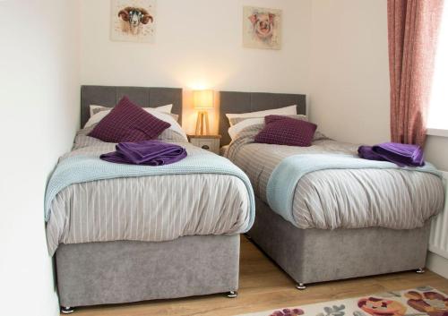RathfrilandBramble Cottage的卧室内的两张床,配有紫色枕头