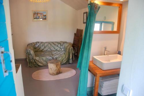 普罗旺斯地区萨隆普罗旺斯蓝色百叶窗住宿加早餐旅馆的一间带水槽、沙发和镜子的浴室