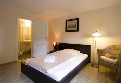 赫曼斯堡Heidehotel Gut Landliebe Restaurant Montags Ruhetag!的一间卧室配有一张床、一盏灯和一把椅子