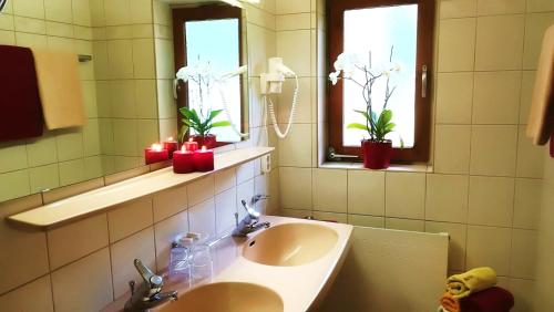 迈尔霍芬Apart Austria的一间带两个盥洗盆和镜子的浴室以及两个窗户。
