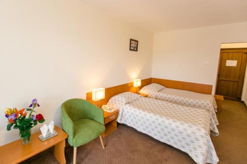 百乐费利克斯Hotel Poienița的酒店客房,配有两张床和椅子