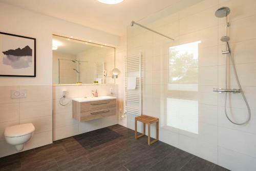 加兹尤瑟多姆Appartement "Seaside" - Oase am Haff的一间带水槽、卫生间和淋浴的浴室
