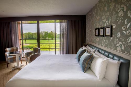 雷迪奇经典英国修道院高尔夫酒店&SPA的一间卧室设有一张大床和大窗户