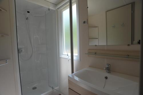 ChameCamping la Rouvière的带淋浴、盥洗盆和镜子的浴室