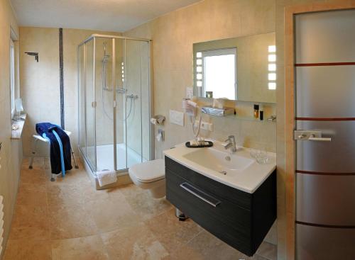 Sindringen奴斯旺酒店的一间带水槽、淋浴和卫生间的浴室