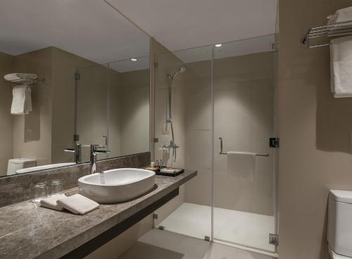 巴科洛德Seda Capitol Central Hotel的一间带水槽和玻璃淋浴的浴室