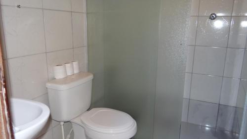 雅卡雷伊Hotel Fazenda Aldeia do Vale的浴室配有卫生间、盥洗盆和淋浴。