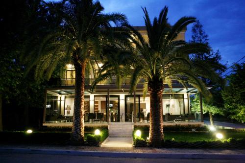 卢特拉伊帕蒂斯Alexakis Hotel & Spa的两棵棕榈树在晚上的房子前