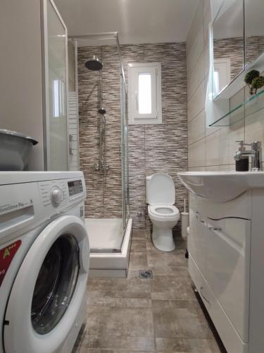 萨索斯ROOF TOP的一间带洗衣机和卫生间的浴室