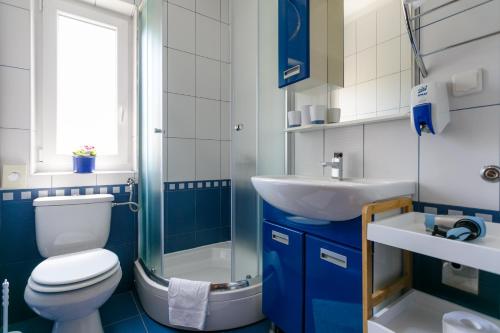 巴斯卡Apartment Medved的蓝色和白色的浴室设有卫生间和水槽