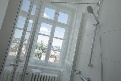 弗伦斯堡Boardinghouse Flensburg - by Zimmer FREI! Holidays的带淋浴、窗户和淋浴头的浴室