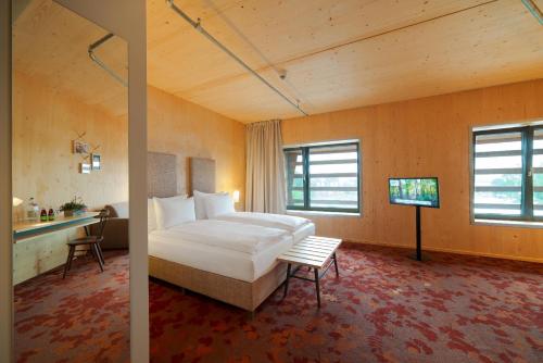 汉堡瓦尔德尔豪斯拉斐尔酒店的一间卧室配有一张床,并在一间客房内配有电视。