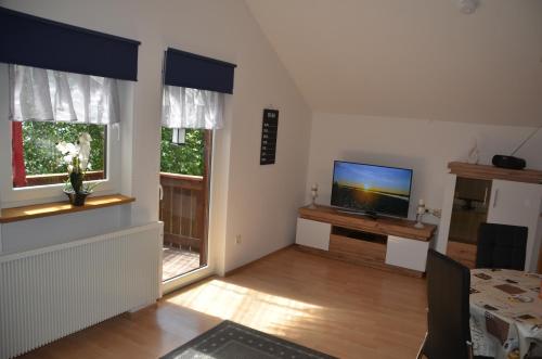 格拉芬维森Ferienwohnung Wildgatter的客厅配有平面电视和2扇窗户。