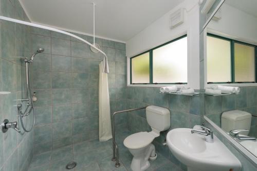 派西亚Te Tiriti Motel的带淋浴、卫生间和盥洗盆的浴室