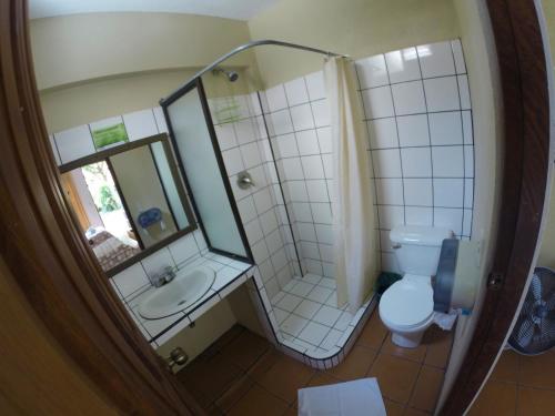 TilaránHotel Guadalupe的带淋浴、卫生间和盥洗盆的浴室