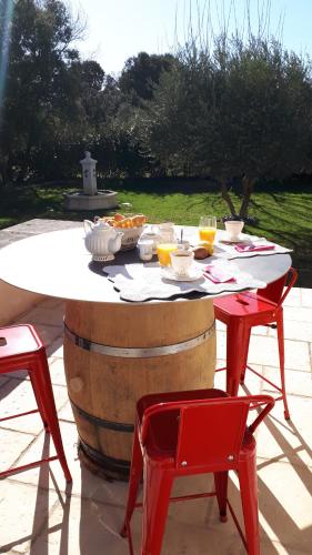 戈尔德la réveuse的酒桶旁的一张桌子和两张红椅子