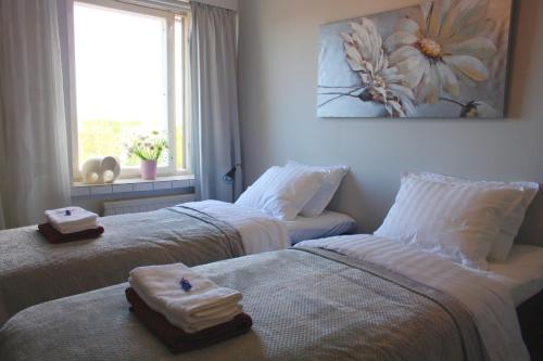 库奥皮奥City Apartment Haapaniemenkatu的配有2张床的带毛巾和窗户的客房