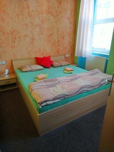 温佩尔克Penzion Volyňka的一间卧室设有一张大床和窗户