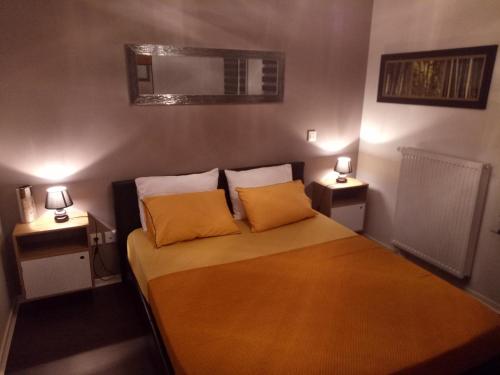 波尔多Bel appartement T2 près du lac avc un parking privé的一间卧室配有一张带两盏灯的床。