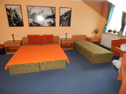 特尔乔夫Apartmány v Terchovej的一间带两张床和一张沙发的卧室