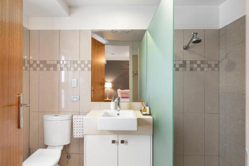 芒特甘比尔Frewville 7A Apartment的一间带卫生间、水槽和镜子的浴室