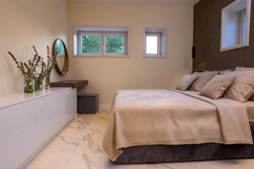 斯塔利格拉德-帕克利尼卡Apartmani Paklenica Noa的一间卧室配有一张大床和镜子