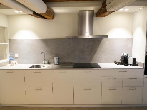 潘普洛纳El Oasis de la Estafeta的厨房配有白色橱柜和水槽