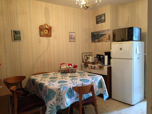 特雷西索梅莱斯加莱公寓的厨房配有桌子和白色冰箱。