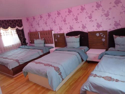 舍基Tubram S Ailəvi Qonaq Evi的一间设有三张床和粉红色墙壁的客房