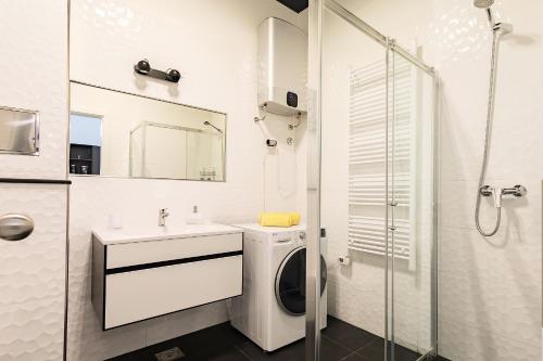 斯普利特Apartment Zeus Znjan Split的一间带洗衣机和水槽的浴室