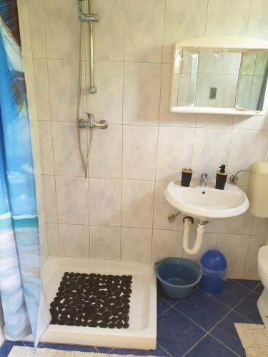 乌马格Rooms and Apartments V&M的带淋浴和盥洗盆的浴室