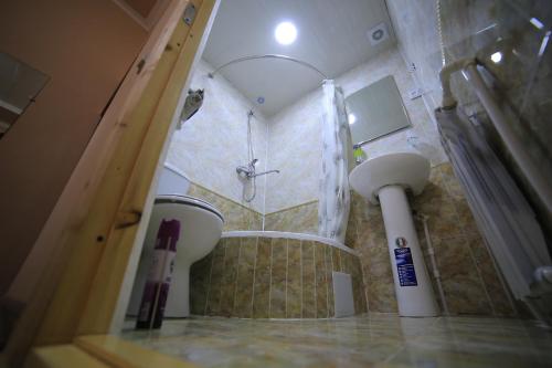 布哈拉PARVIZ GUEST HOUSE的带淋浴和盥洗盆的浴室
