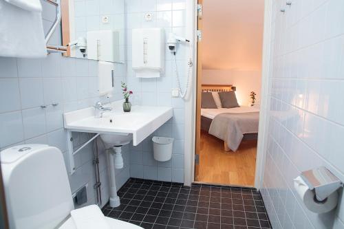 斯德哥尔摩辛肯丹姆STF酒店的一间带水槽和卫生间的浴室以及一张床