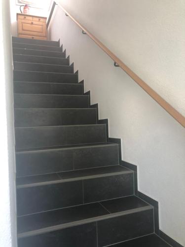博登斯边的拉多夫采尔Haus Estrella的楼梯有黑色的楼梯和木门