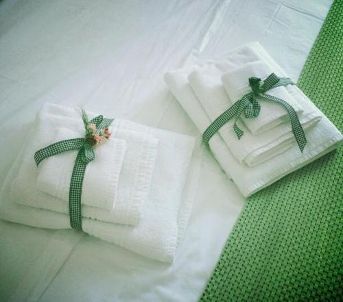 玛格丽塔萨沃亚B&B Sabin Ross的床上两条带绿弓的白色毛巾