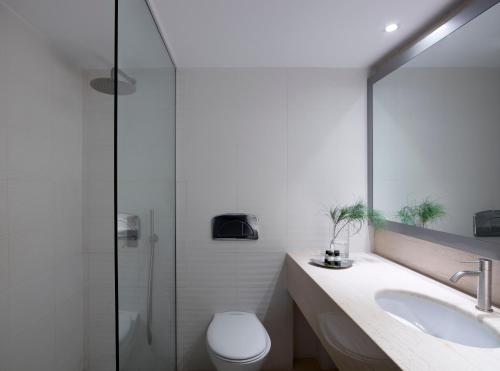 佩里沃罗9缪斯圣托里尼度假酒店的浴室配有卫生间、盥洗盆和淋浴。