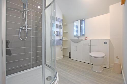 勒威克Modern Commercial Street Maisonette的带淋浴和卫生间的浴室