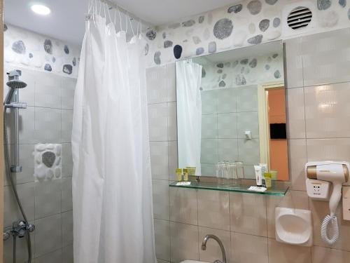 卡罗维西阿尼玛海滨旅馆的一间带白色淋浴帘的浴室