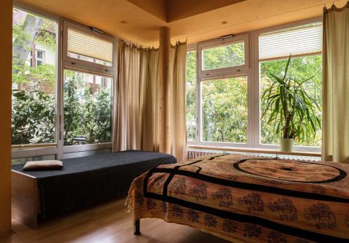 波茨坦Wohnen im Zentrum的一间卧室设有一张床和大窗户