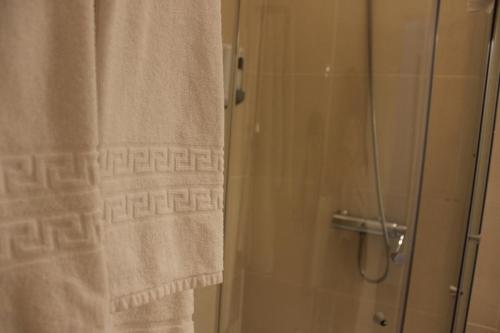 楼尔Eurosun Hotels Loulé的带淋浴和浴帘的浴室