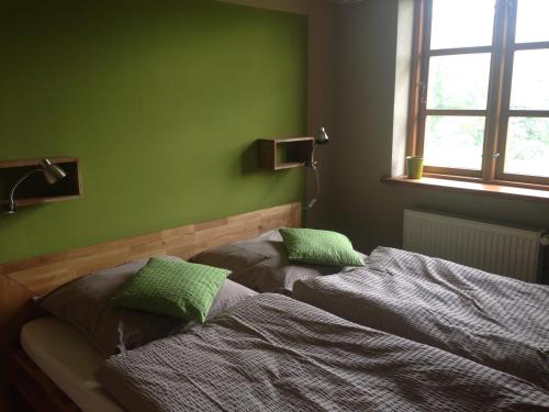 KluisKleine Auszeit的绿色卧室配有带2个绿色枕头的床