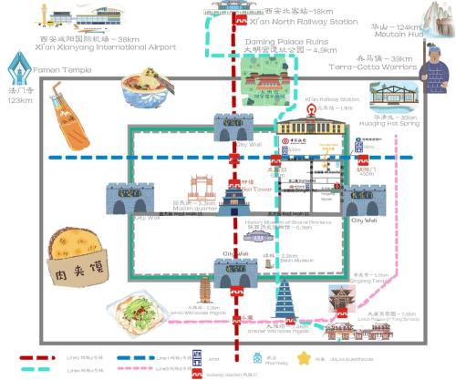 西安迦家HOME++西安永兴坊店的一张带有食物和景点的中国地图