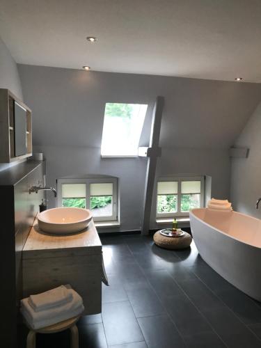 吕讷堡Villa Friedenstraße 11的浴室配有两个盥洗盆和浴缸。