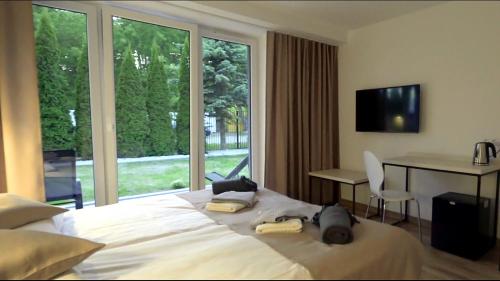 罗威WODNIK usługi hotelarskie, apartamenty的一间卧室配有一张床、一张书桌和一个窗户。