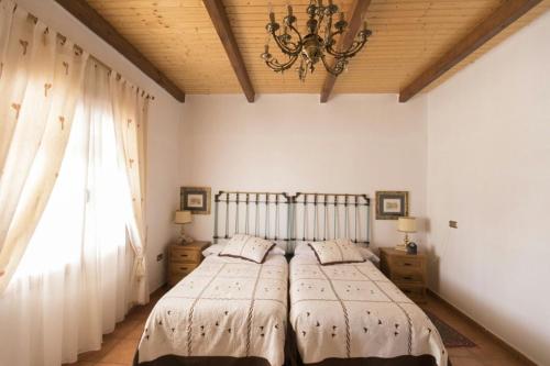 罗德里戈城Casa Rural Rio Agueda的一间卧室配有一张床、一个吊灯和一扇窗户