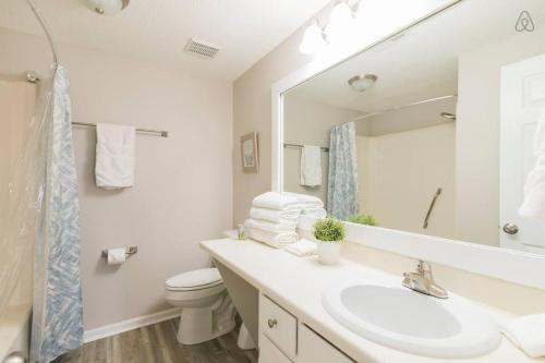 岩石丘Cute Condo in Rock Hill-57的一间带水槽、卫生间和镜子的浴室