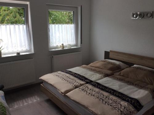 拉恩河畔林堡Ferienwohnung Lahntal Limburg的一间卧室设有一张大床和两个窗户