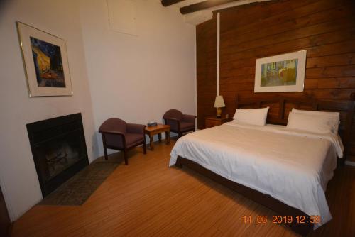 圣阿黛拉奥伯格高山酒店的一间卧室设有一张大床和一个壁炉
