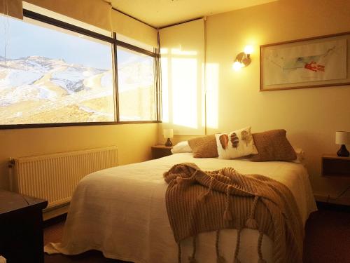 El ColoradoEl Colorado Ski Departamentos的一间卧室设有一张床和一个大窗户